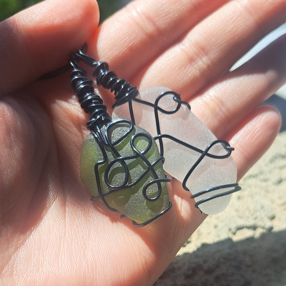 2 Pendant Sea Glass Necklace in Black Wire (Handmade Jewelry)